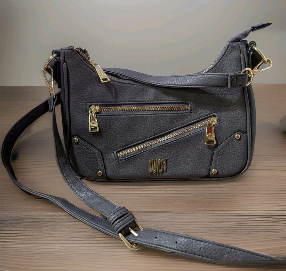 Juicy Couture Gray Faux Leather Moto Chic Crossbody Shoulder Bag Zipper VGUC